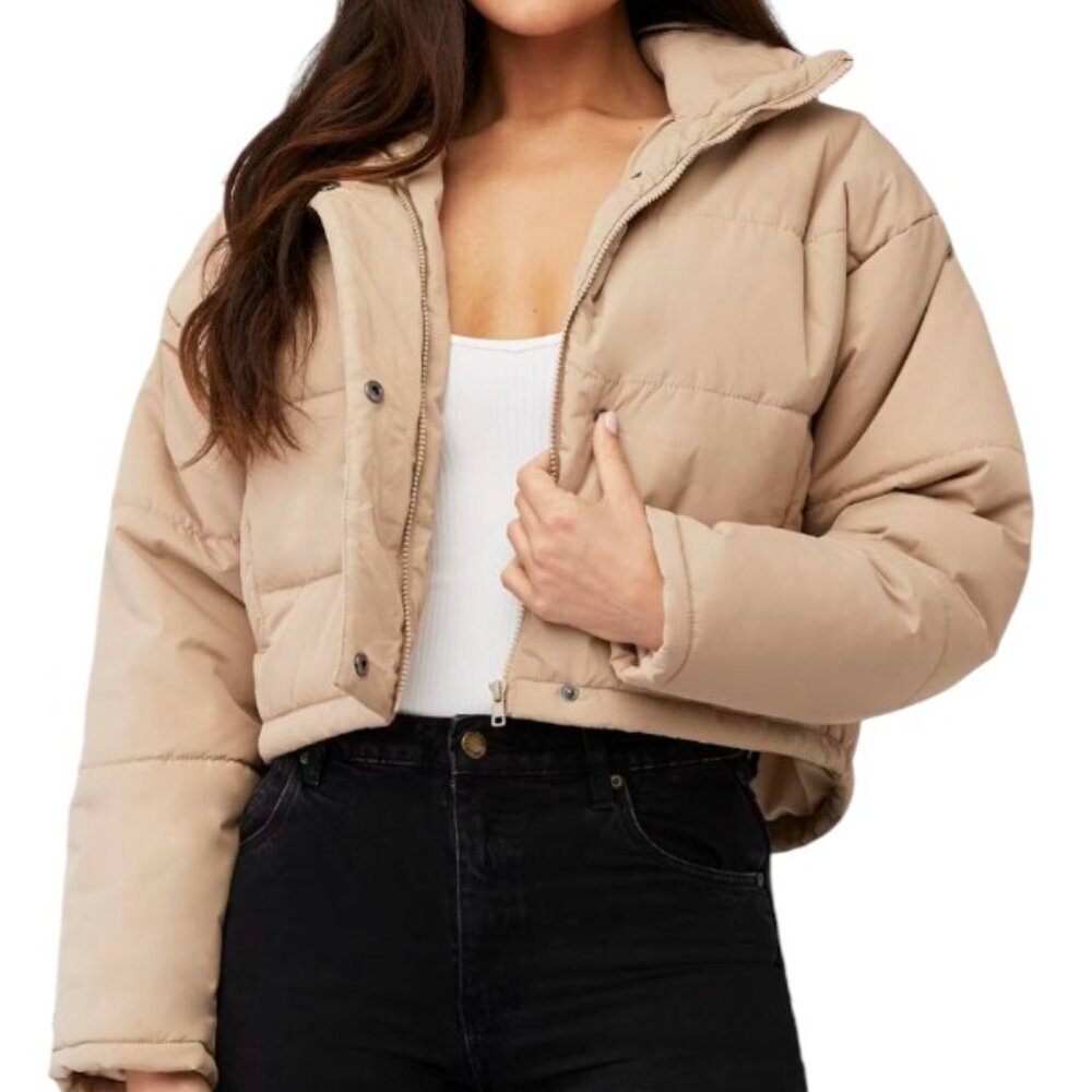 THE FIFTH LABEL Tan Cropped Puffer Jacket Women’s Medium Beige Quilted Zip Up